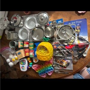 Large Toy Bundle (play Food Pots, Pans, Books, Utensils, Dry Erase Board Bubble)